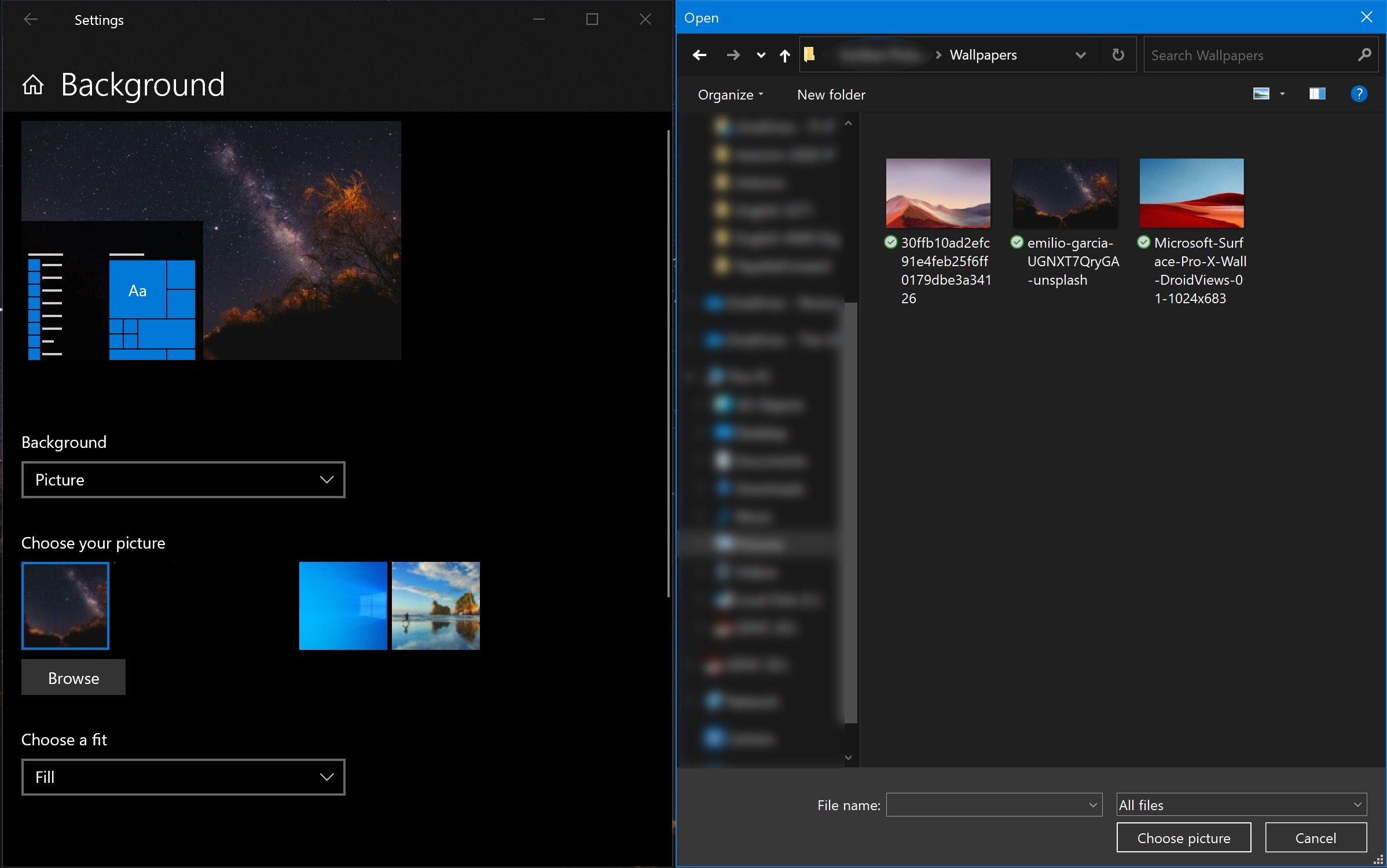 Personalization settings and file explorer