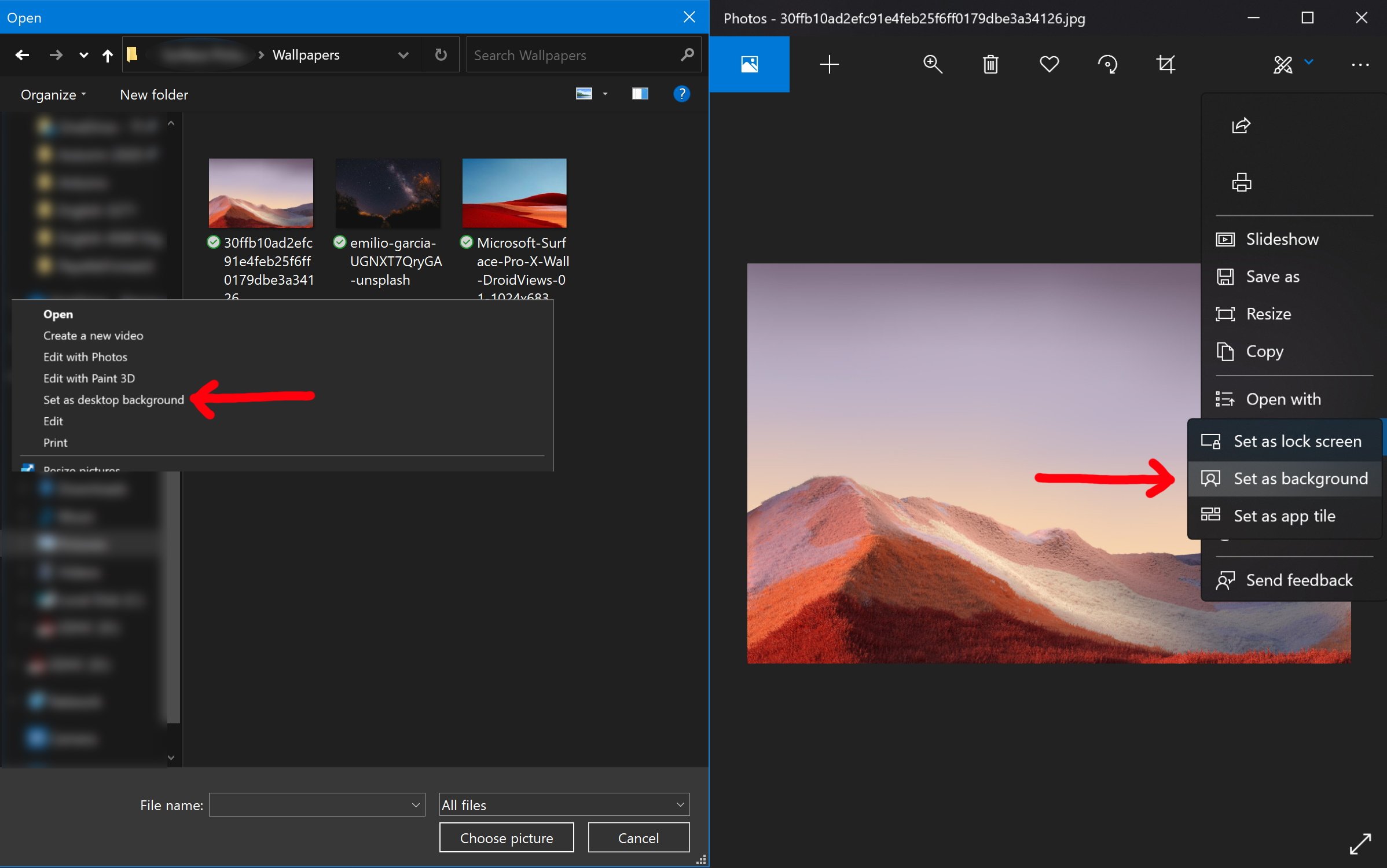 how to set background in file explorer and photos app