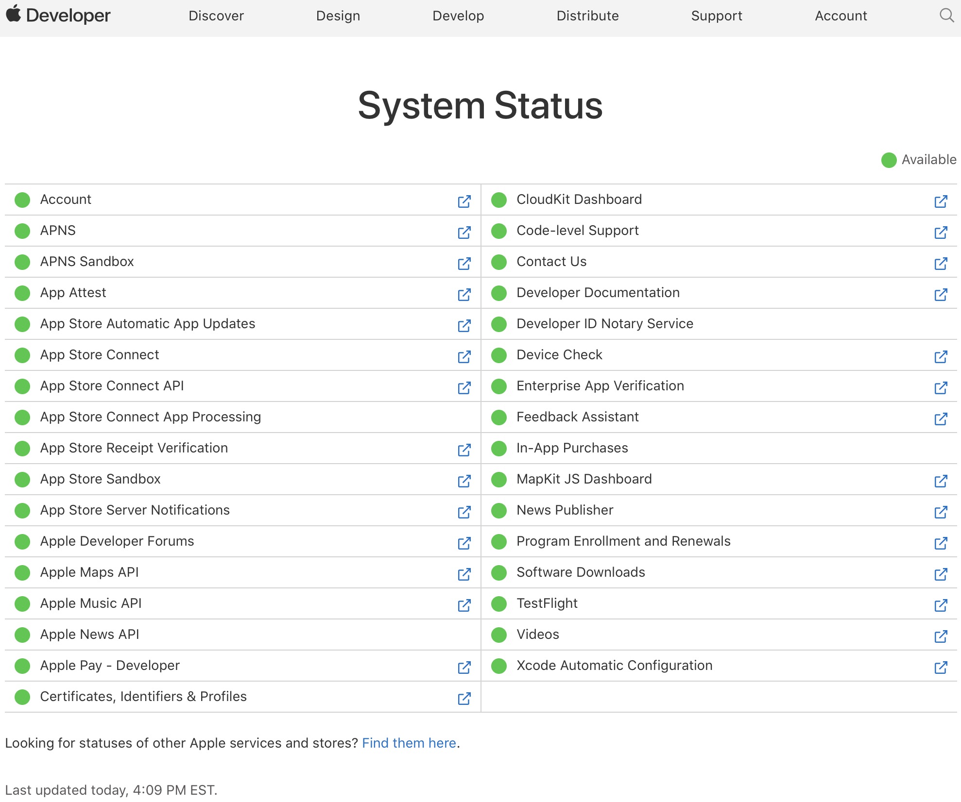 apple developer system status page