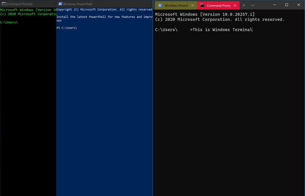 A lineup of command prompt, powershell, and windows terminal. 
