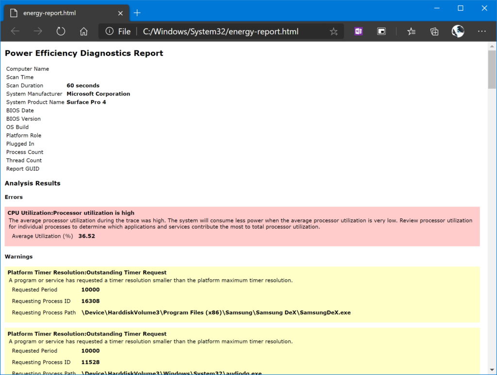 Windows energy report