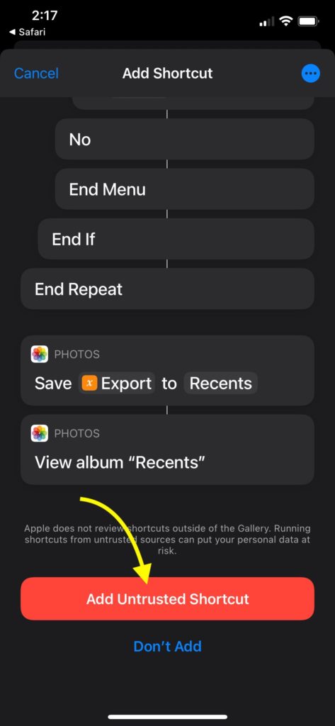 tap add untrusted shortcut