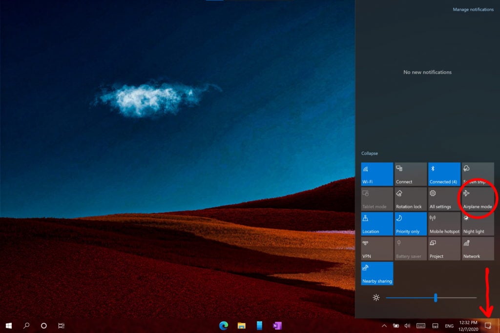 How to turn off Airplane Mode in the Windows 10 action center