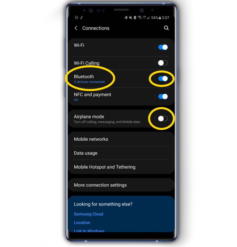 Make sure Airplane mode is turned off, turn on Bluetooth, tap bluetooth settings.