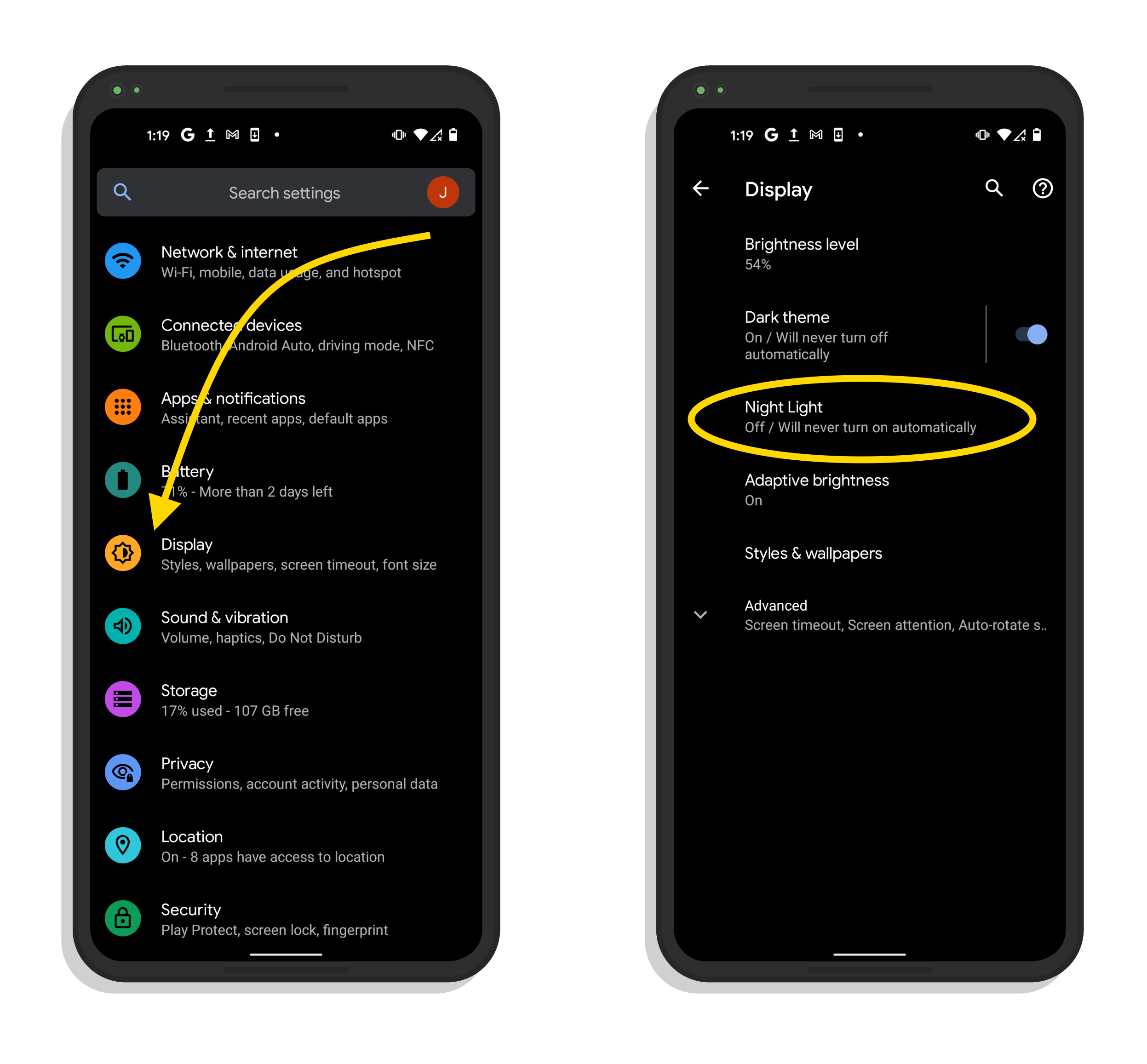 Settings Display Night Light 