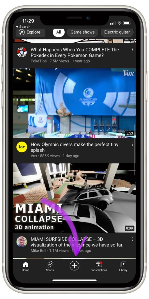 Tap the Plus icon in YouTube app