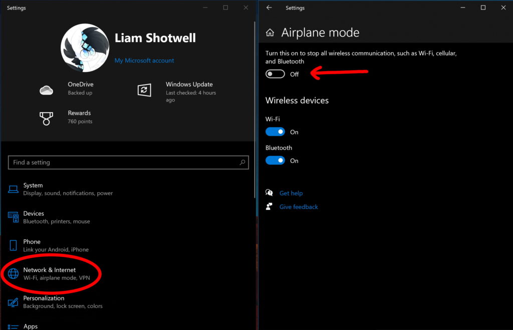 Turn off Airplane Mode in PC settings
