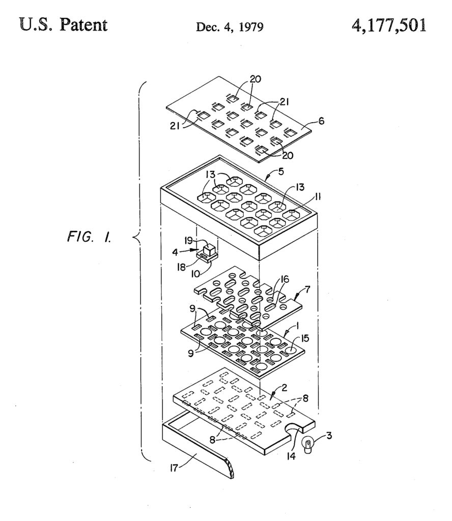 A diagram of James H. Karlin's original backlit keyboard.