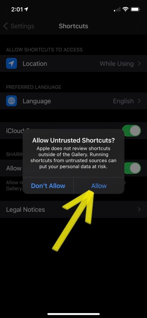 allow untrusted shortcuts click allow