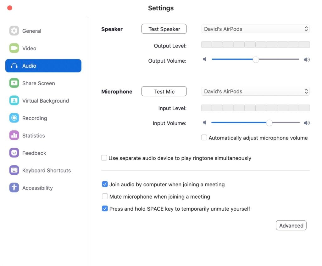 select airpods in zoom audio settings