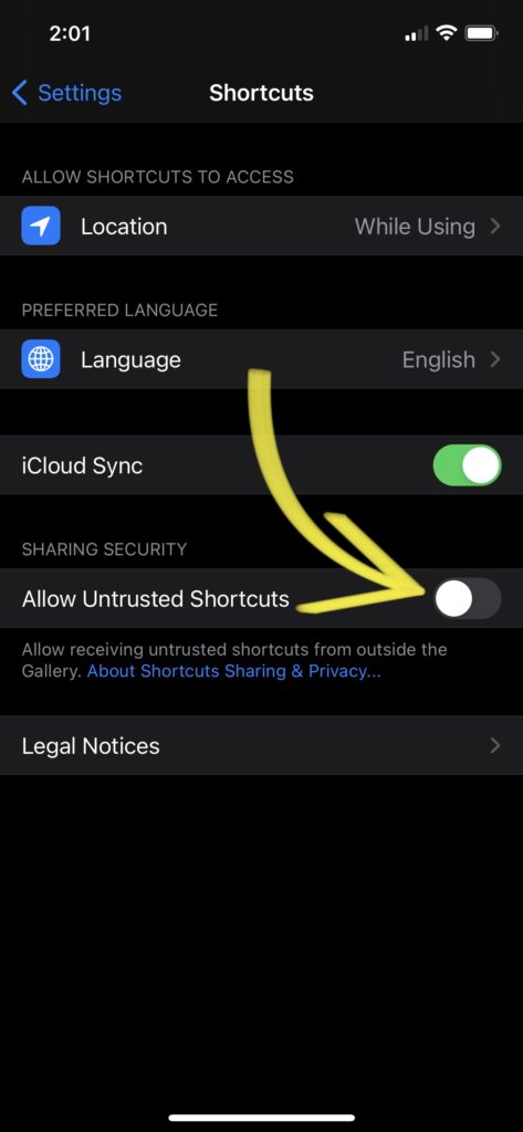 tap allow untrusted shortcuts switch