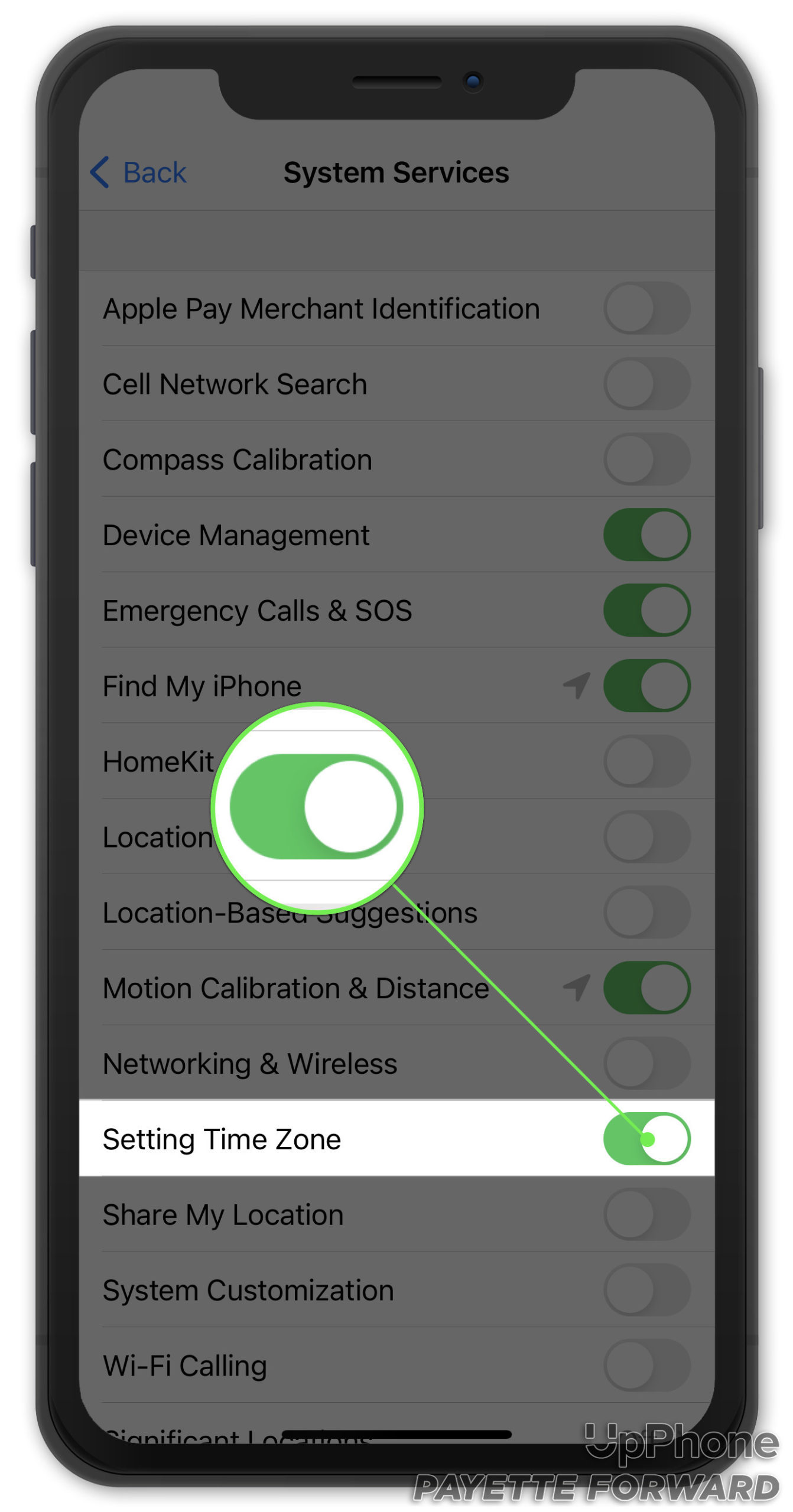 tap setting time zone in system services