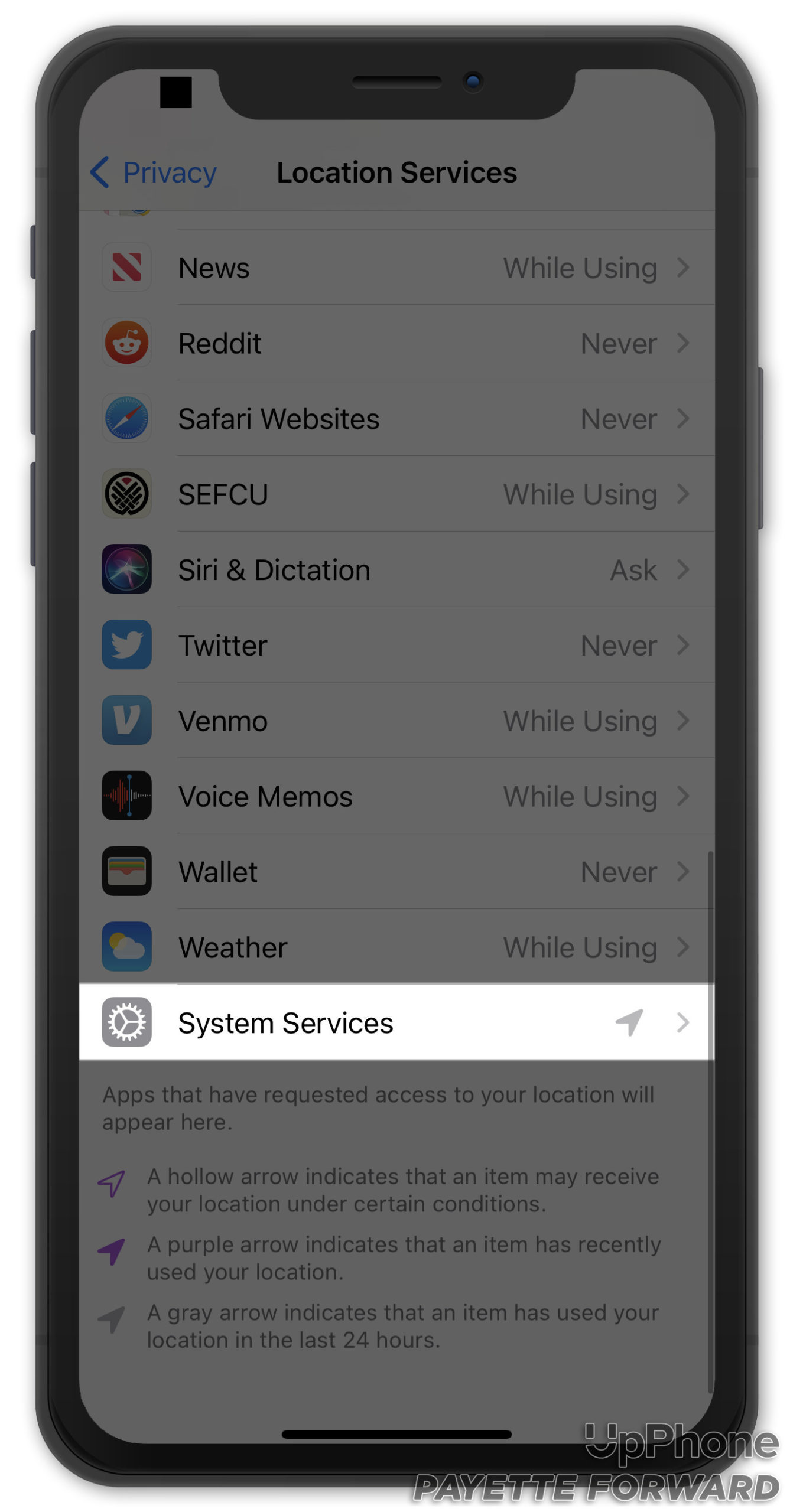 tap system services on iphone