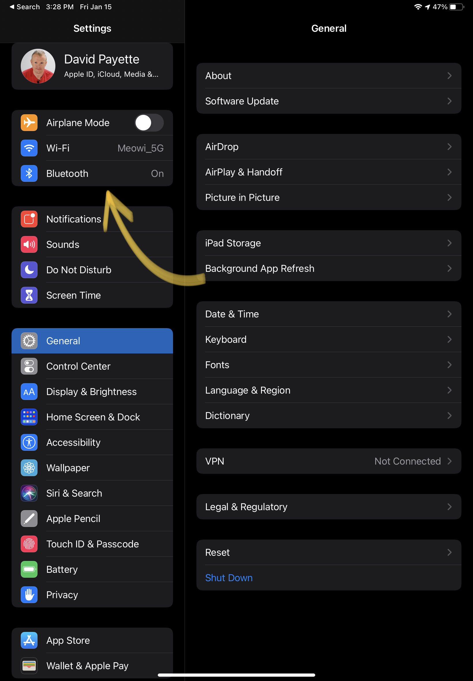Settings > Bluetooth on iPad