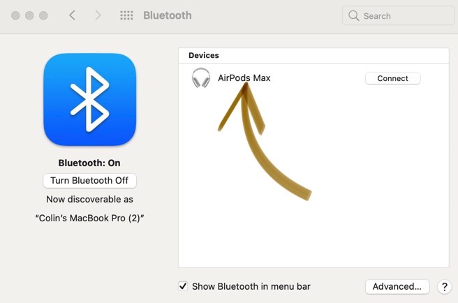 AirPods Max in Mac Bluetooth Devices