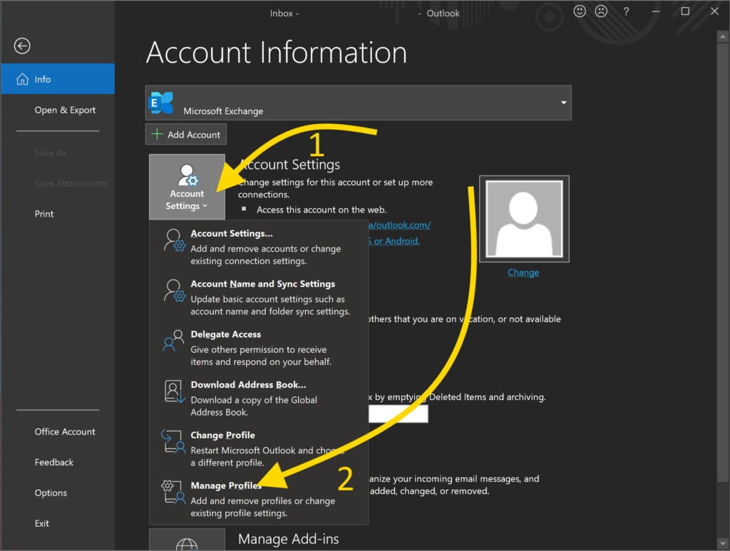 Outlook Account Settings Manage Profiles