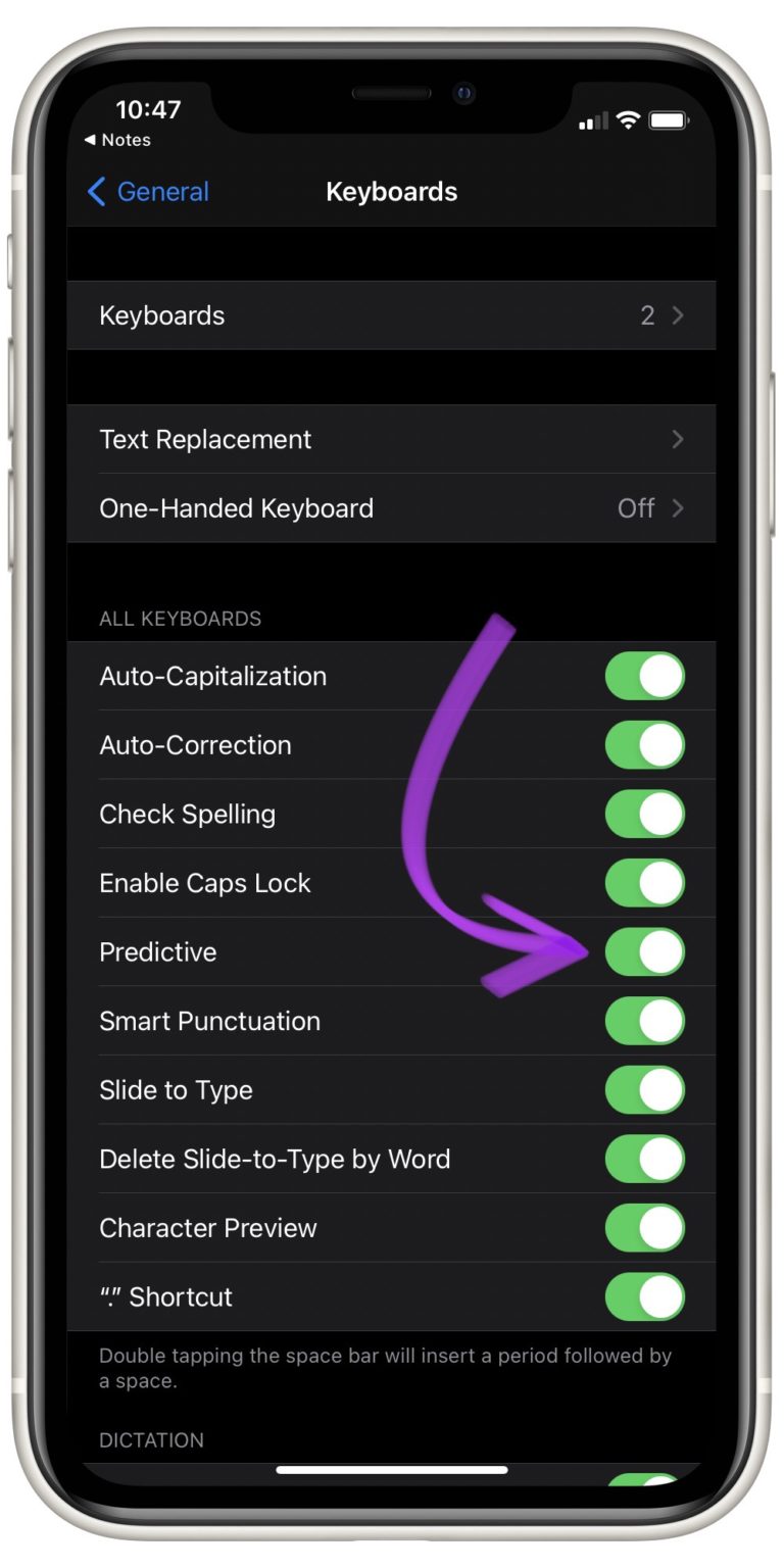 turn off predictive text voice iphone