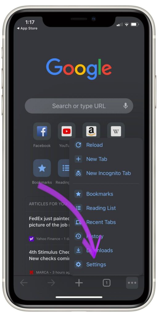 Tap Settings in Chrome