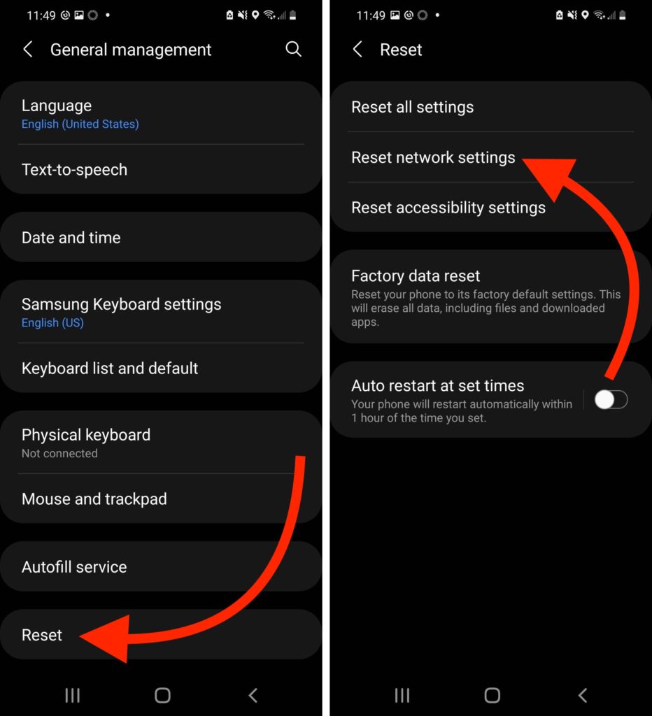 reset network settings on android