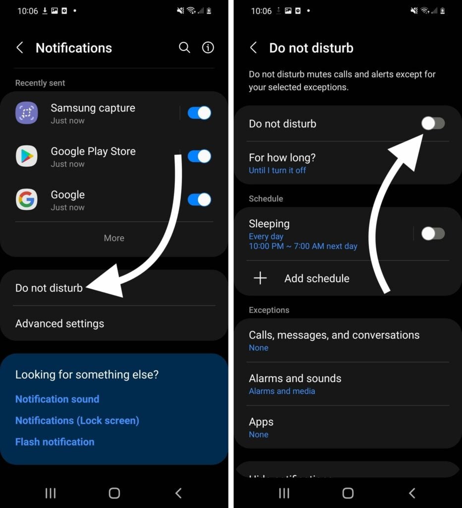 turn off do not disturb android settings