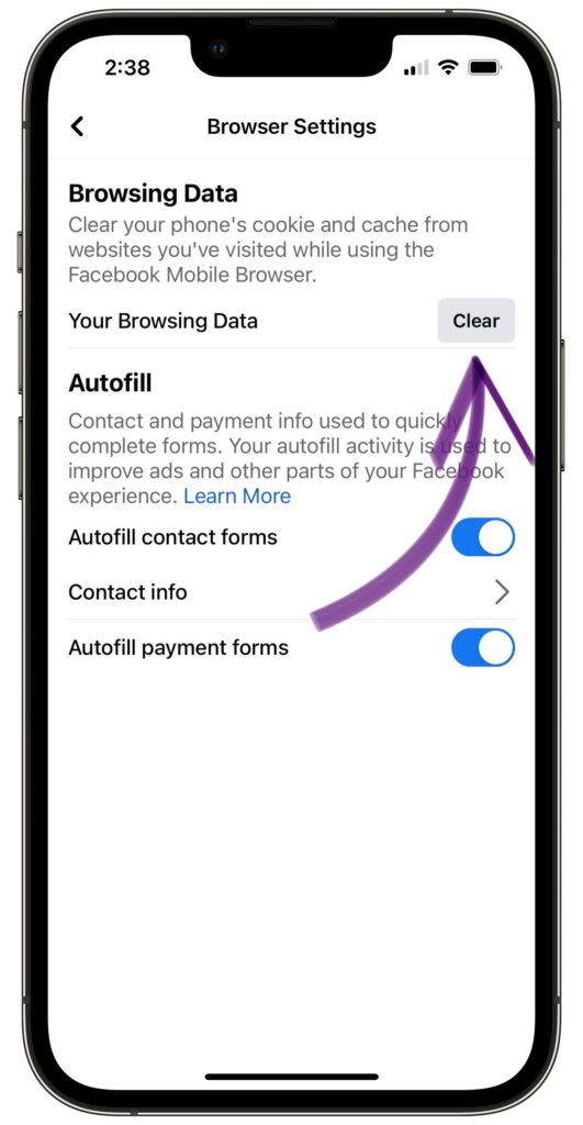 Tap Clear To Clear Facebook Cache