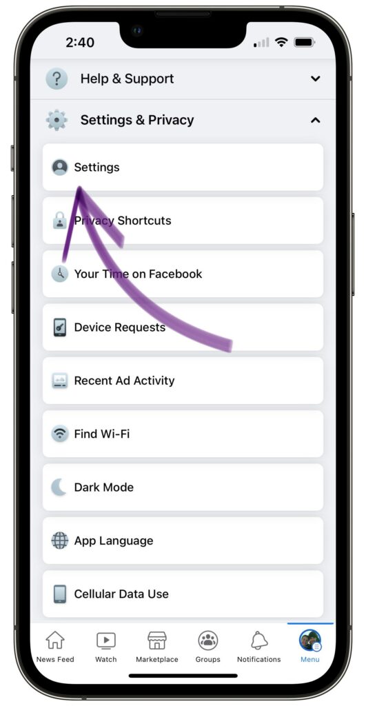 Tap Settings In Facebook