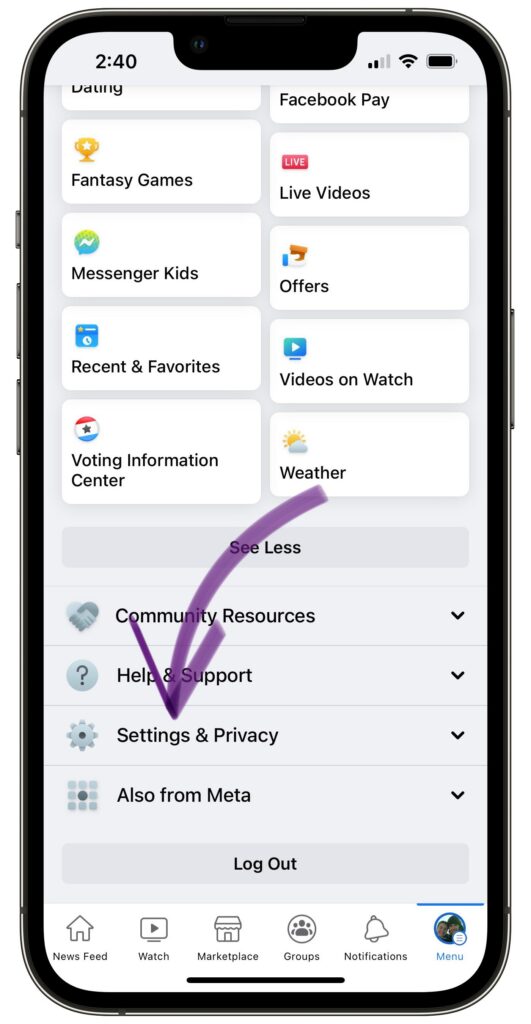 Tap Settings and Privacy In Facebook
