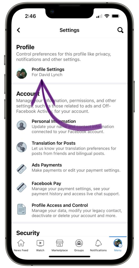 Tap on Profile Settings In Facebook