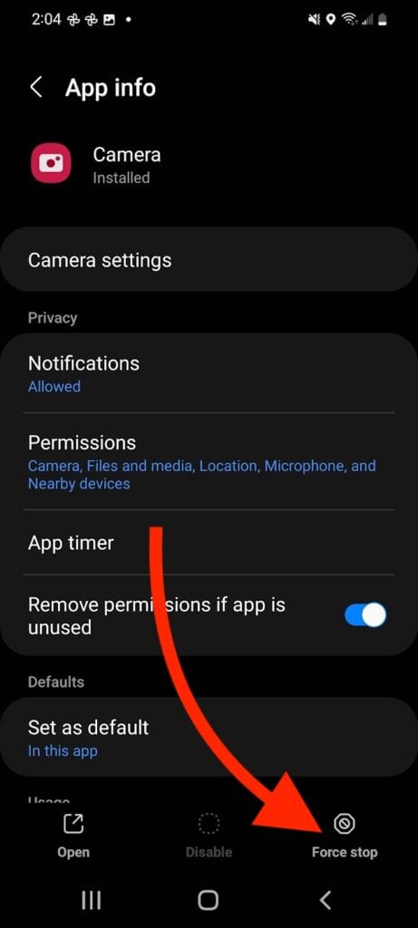 force stop camera app on android