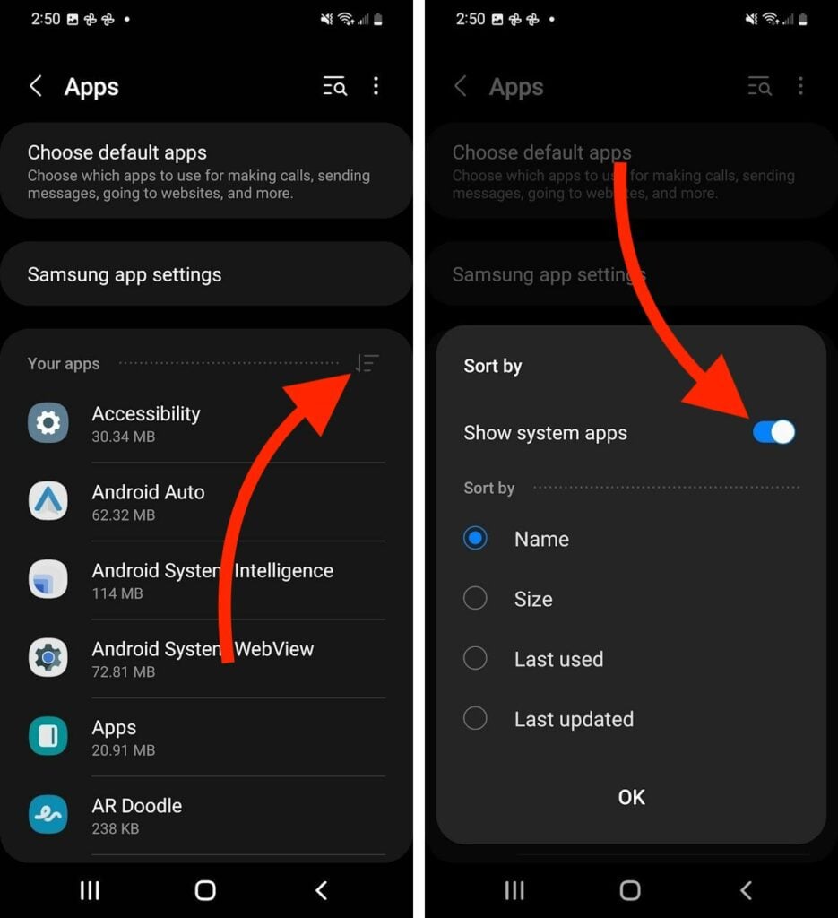 show system apps in android settings