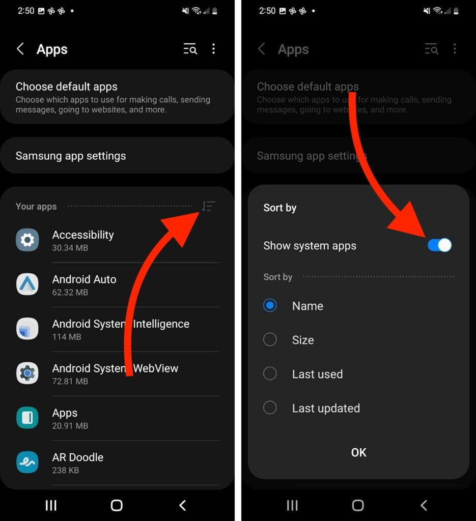 show system apps in android settings