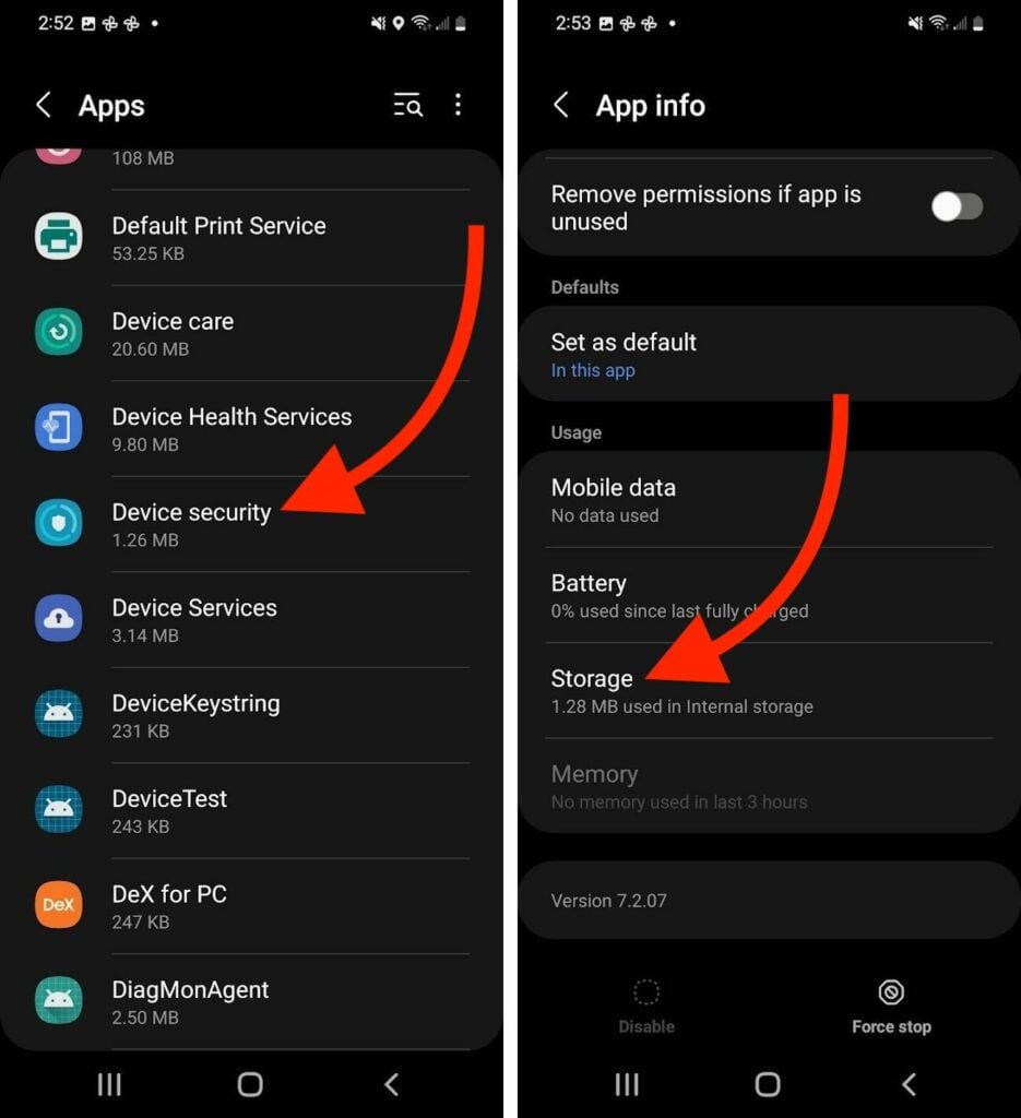 tap device security storage in android settings