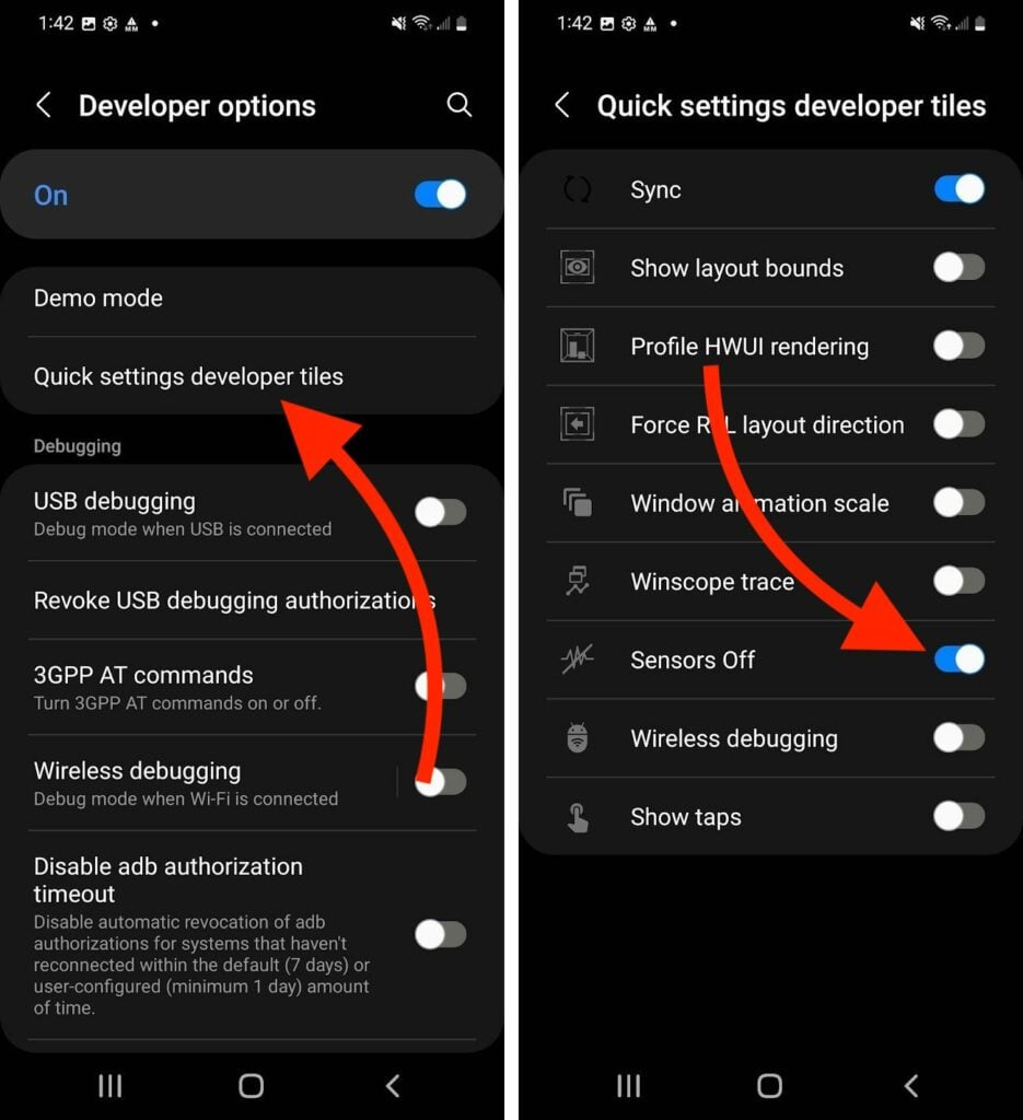 turn on sensors off developer tile on android